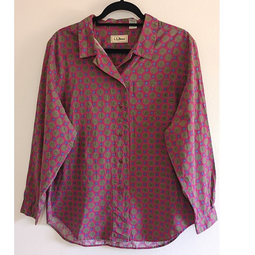 LL Bean Vintage Women's Magenta Medallion Print Button Down Shirt 14 Long Sleeve